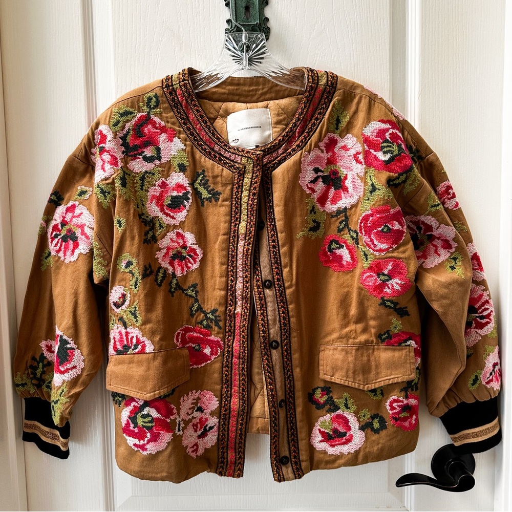 BRAND NEW Anthropologie Needlepoint Bomber Floral Embroidered Jacket Size XS - Picture 2 of 3